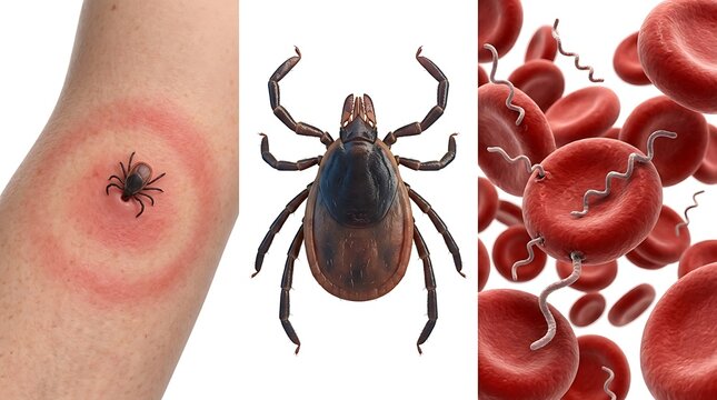 Lyme disease concept with a tick biting human skin, a tick closeup, and borrelia burgdorferi bacteria in blood cells isolated on white background