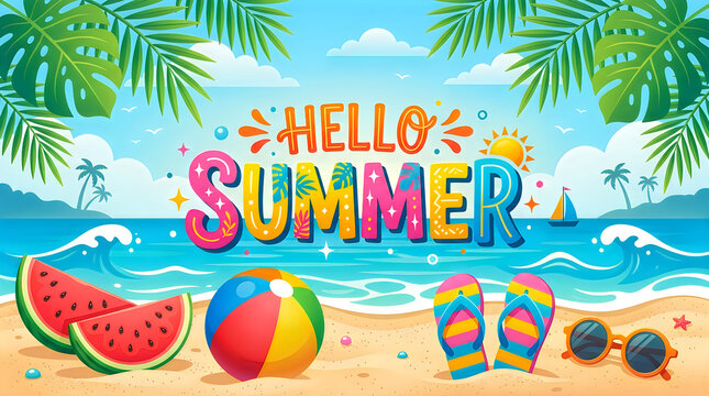 Hello summer text with beach elements and tropical leaves