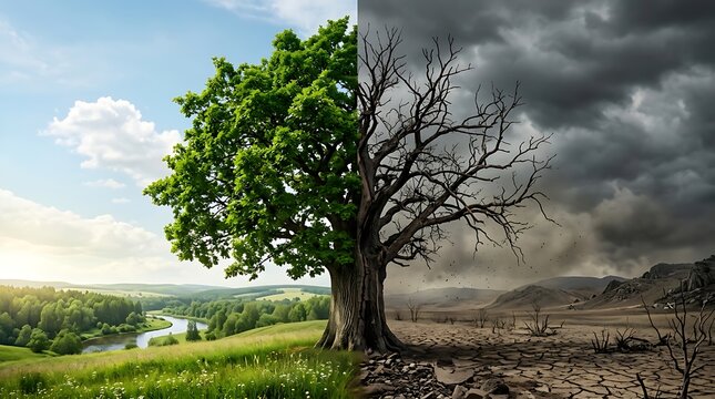 A conceptual splitscreen image showing a lush green tree in a vibrant landscape on one side and a dead, barren tree in a desolate, cracked landscape on the other