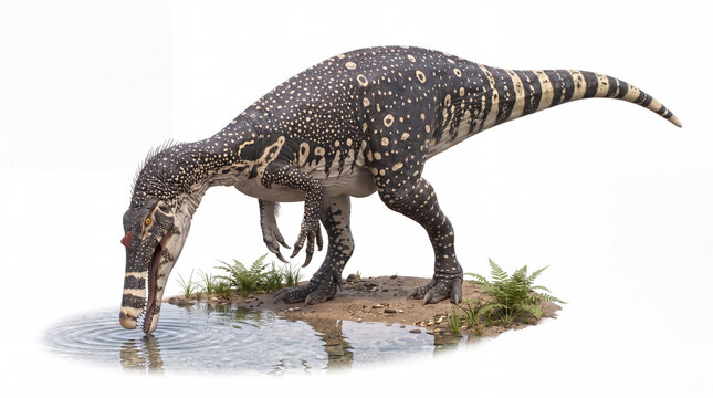 Photorealistic Baryonyx walkeri drinking water, isolated on white background, showing natural behavior, detailed anatomy, and scientifically accurate paleontological reconstruction.