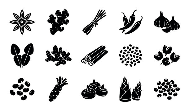 Spices and vegetables vector icons with anise, ginger and chili pepper for cooking app design in solid glyph style