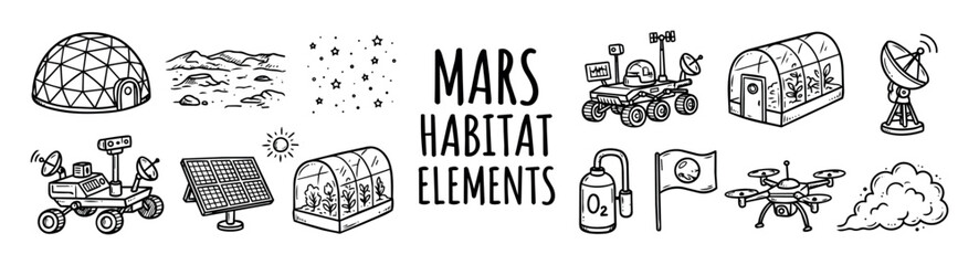 Obraz premium Mars habitat elements vector set including space dome, Martian landscape, stars, rover, solar panels, greenhouse, oxygen tank, planet flag, drone, and satellite antenna illustrations for space