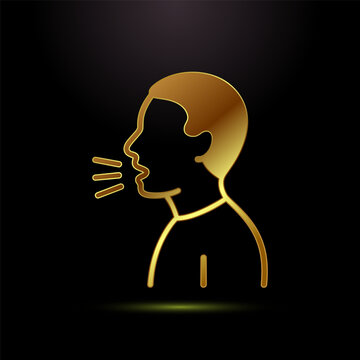 Golden talking person head icon representing communication or speech on black area.
