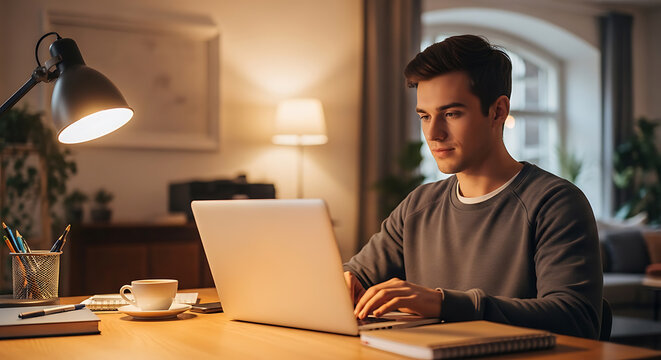 Young man working late on laptop at desk in cozy home office setting