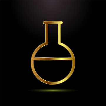 Golden chemical laboratory flask icon isolated on dark black background decor item.