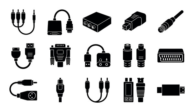Electronics and connectivity vector icons with cables, adapters and connectors for web interface design in solid glyph style