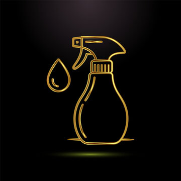 Golden spray bottle and water drop outline on black background perfect for cosmetic items.