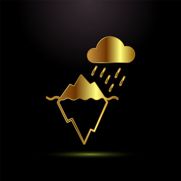 Golden iceberg and rain cloud on black background illustrating climate change concept.