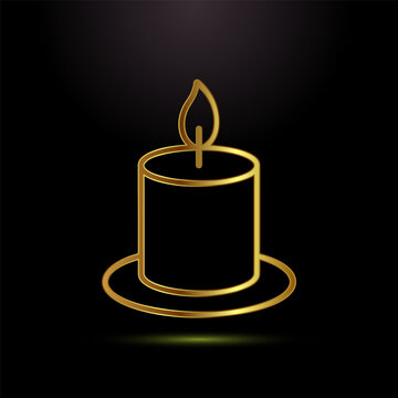 Golden outline candle with flame on black background perfect for celebrations or relaxation.