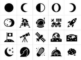 Collection of black and white icons featuring moon phases, space exploration, and astronomy elements. © BeNeed Vactory
