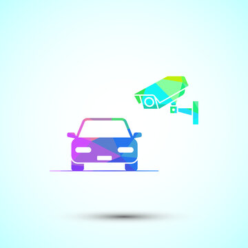 Surveillance camera watching parked car colorful low poly style vector illustration.