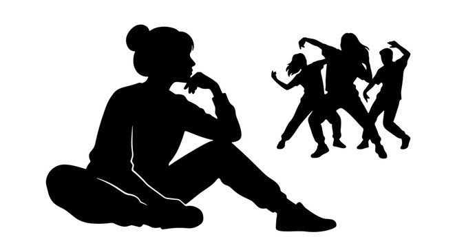 Silhouette of a thoughtful woman sitting cross-legged, contrasted with energetic dancing figures, representing contemplation vs. action, isolation vs. group activity, vector art