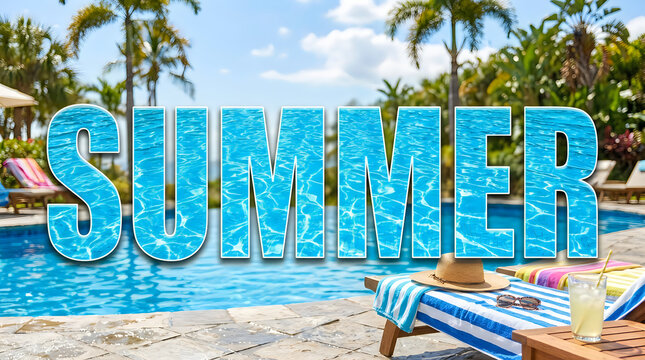 Summer text sign over a beautiful tropical swimming pool