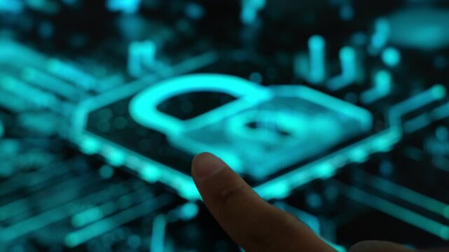 A cybersecurity analyst uses a fingertip to interact with a digital padlock interface on a futuristic touchscreen, symbolizing data protection, network security, encryption, and cyber defense. 4k.
