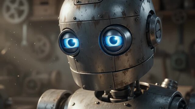Sentient robot discovers beauty of nature, holding a delicate flower in a dusty workshop, symbolizing artificial intelligence and organic life.