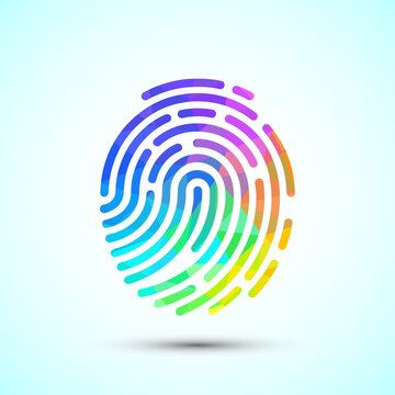 Colorful polygonal outline of a fingerprint, biometric security identification.