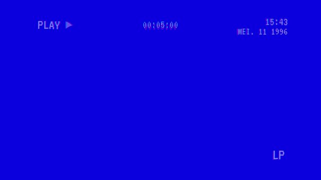 Retro vhs blue screen background with glitch distortion effects and playback overlay, 4k vhs play video