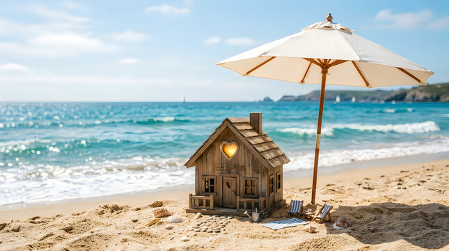 Small wooden house with heart window on a sandy beach
