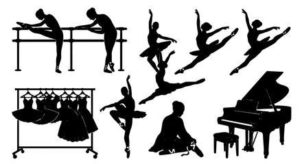Ballet Dancer Silhouettes Collection: Graceful Poses, Tutus, Grand Piano, and Barre Exercises for Performance and Studio Art © Rahat Mollah