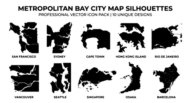 Metropolitan Bay City Map Silhouettes, Professional Vector Icon Pack, 10 Unique Designs for Global Travel and Urban Exploration