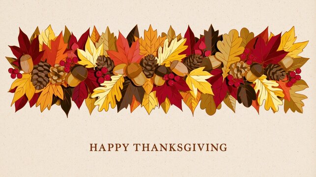 Rustic Happy Thanksgiving Card Featuring Hand Drawn Autumn Foliage Border with Acorns Pinecones and Berries on Textured Vintage Paper Background