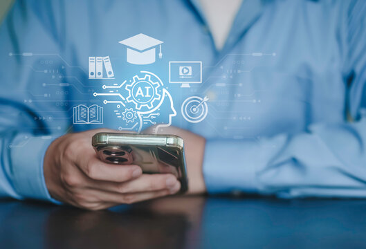 Online AI training, professional skill development, e-learning platform, and futuristic academic success. Businessman using smartphone with AI education and digital learning icons.