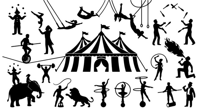 Circus Performance Silhouettes: Acrobatics, Juggling, and Big Top Tent Vector Icons for Entertainment and Celebration Designs