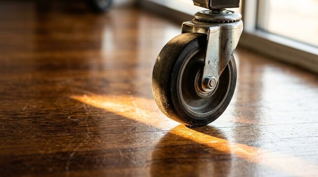 Rolling forecast cart wheel catching a streak of afternoon light on polished floor