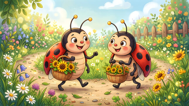 Two cute ladybugs walking with flower baskets in a garden