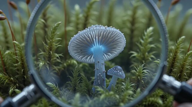 Miniature explorer examining tiny mushroom and moss in a petri dish, concept of miniature worlds and scientific discovery