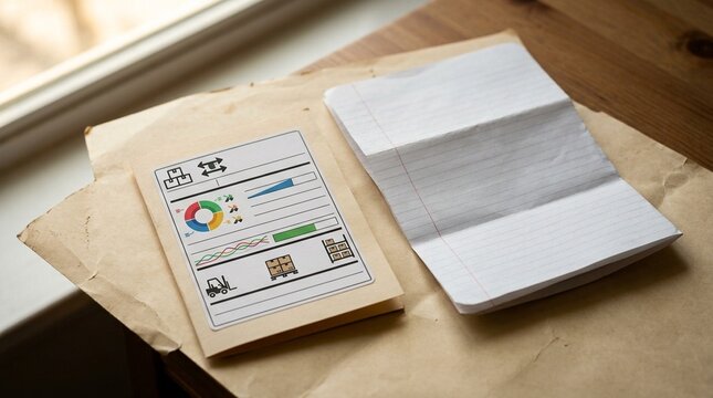 Nutrition-style dashboard repurposed for inventory replenishment pamphlet resting beside a folded worksheet