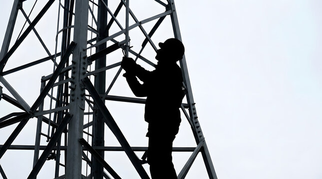 Silhouette of a field service engineer working on a metal lattice tower. Male technician in hard hat climbing a telecommunications structure