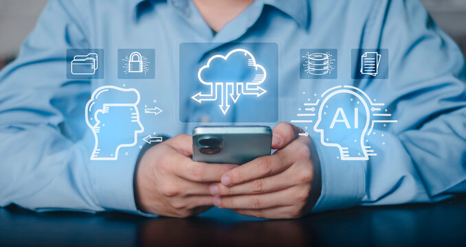 Digital file management, network connectivity, information technology, and secure remote server access. Businessman using smartphone with cloud computing and data storage icons.