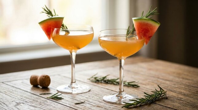 Two elegant coupe glasses filled with a refreshing watermelon and rosemary cocktail on a rustic wooden table