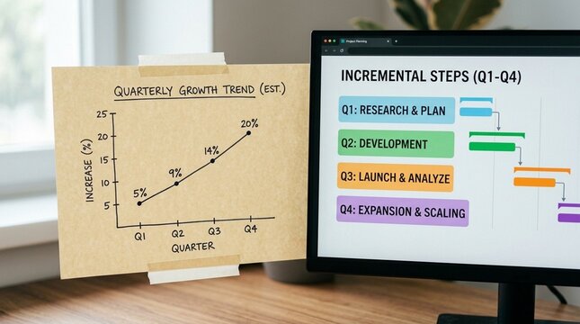 Growth trend chart taped beside a planning monitor showing incremental quarterly steps