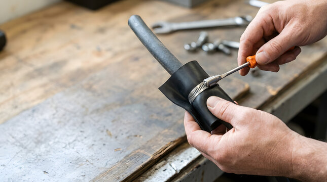 Hands using a screwdriver to tighten a metal hose clamp. Mechanic fixing a rubber pneumatic line on a wooden workbench