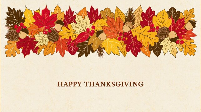 Rustic Happy Thanksgiving Card Featuring Hand Drawn Autumn Foliage Border with Acorns Pinecones and Berries on Textured Vintage Paper Background