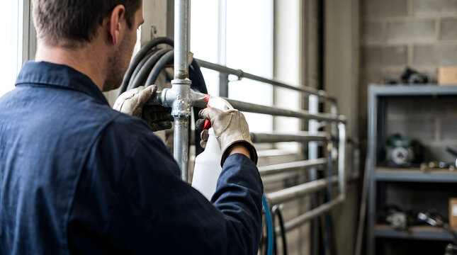 Technician spraying liquid on a pipe joint to detect air leaks. Male worker in gloves checking a pneumatic line fitting in a workshop