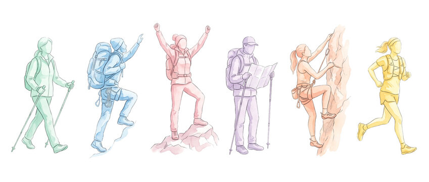 Hikers climbers runners outdoor sports vector illustration set active people trekking mountaineering navigating scaling peak trail running achieving success isolated on black background art graphic