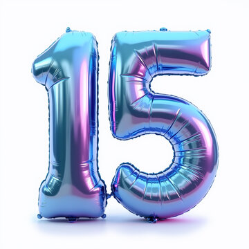 The number 15 is made up of shiny, reflective balloons on a white background, a beautiful birthday illustration.