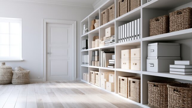 Bright organized storage room with white shelving, woven baskets, boxes and files
