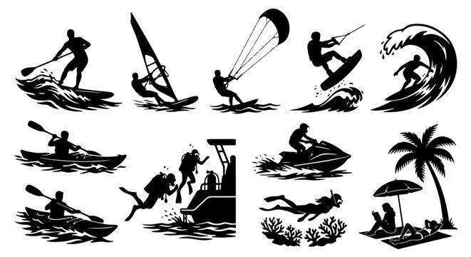 Water Sports Silhouette Collection: Stand Up Paddleboarding, Windsurfing, Kitesurfing, Wakeboarding, Surfing, Kayaking, Scuba Diving, Jet Skiing, Beach Relaxation Icons