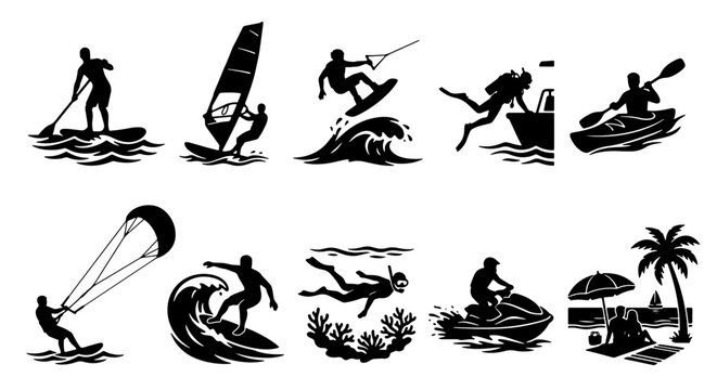 Water Sports Icons Set, Extreme Activities Collection, Silhouette Vector Graphics for Summer Recreation and Adventure Themes