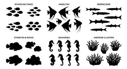 Fototapeta premium Marine Life Silhouettes: Schooling Fish, Angelfish, Barracudas, Seahorses, Anemone Clusters, Stonish & Rocks Vector Set