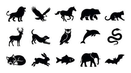 Obraz premium Wildlife and nature vector icons with lion, eagle and elephant for infographic design in silhouette style