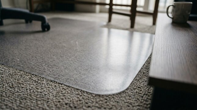 Rolling office chair mat beside a forecast desk catching soft window reflection