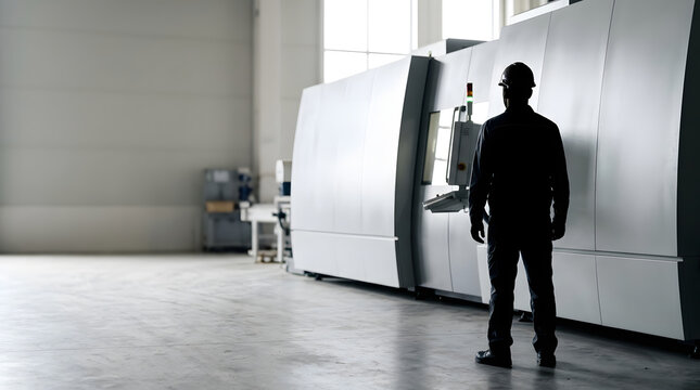Silhouette of industrial worker monitoring large manufacturing machine. Operator checking equipment performance at control panel in modern factory. Copy space