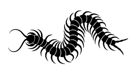 Naklejka premium Black Silhouette Centipede Vector Art, Arthropod Insect Illustration, Creepy Crawly Wildlife Graphic, Segmented Body Design