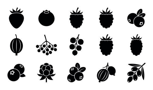 Fruit and berry vector icons with strawberry, blackberry and olive branch for web interface design in solid glyph style