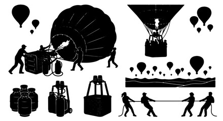 Hot Air Balloon Launch Set, Vintage Adventure Collection, Retro Travel Icons, Silhouette Graphics for Exploration and Journey Themes © Tokiyo
